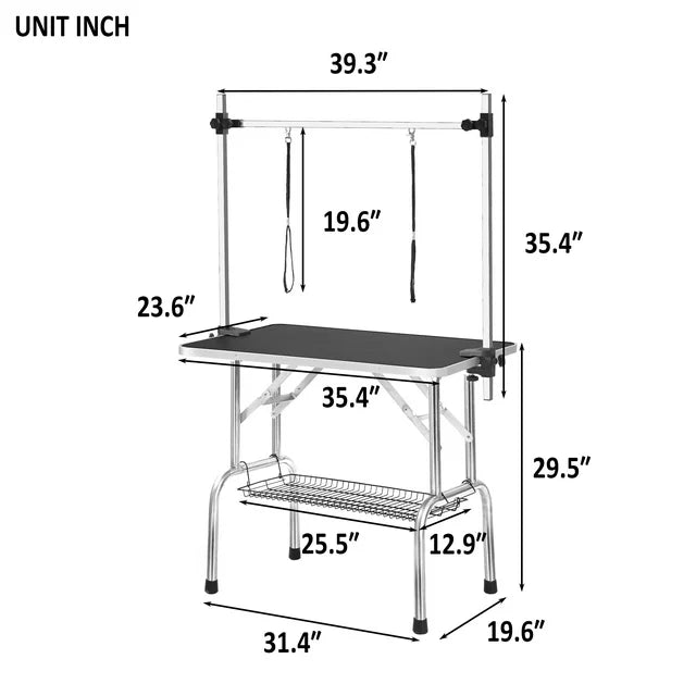 Petpie 36" Professional Dog Grooming Table, PENTINM Heavy Duty Stainless Steel Frame Foldable Table w/Adjustable with Arm/Noose, Maximum Capacity Up to 330lbs, Black