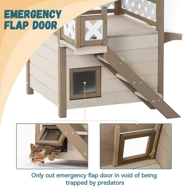 Petpie Wood Cat House, Outdoor Indoor 2 Story Design Kitty Shelter Pet Condo with Durable PVC Roof, Escape Door, Curtain and Stair, Perfect for Multi Cats