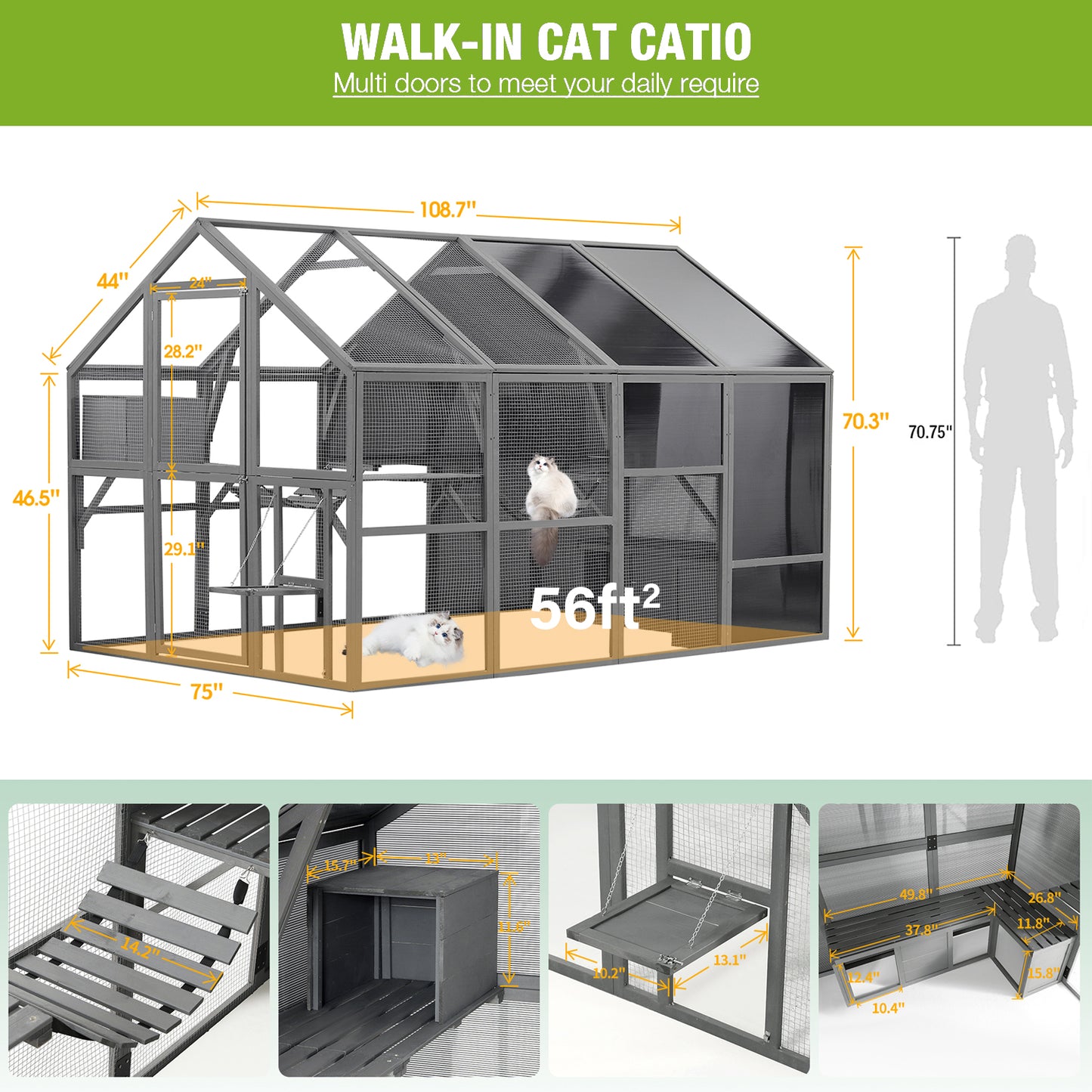 Petpie Grey Cat House Large 108.7'', Weatherproof UV Proof Walk-in Wooden Cat Enclosure Large for Multiple Cats, Upgrade Luxury Cat Condo Cage Playpen with Sunshine Board, Dark Grey