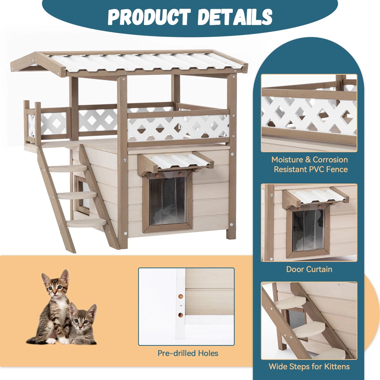 Petpie Wood Cat House, Outdoor Indoor 2 Story Design Kitty Shelter Pet Condo with Durable PVC Roof, Escape Door, Curtain and Stair, Perfect for Multi Cats