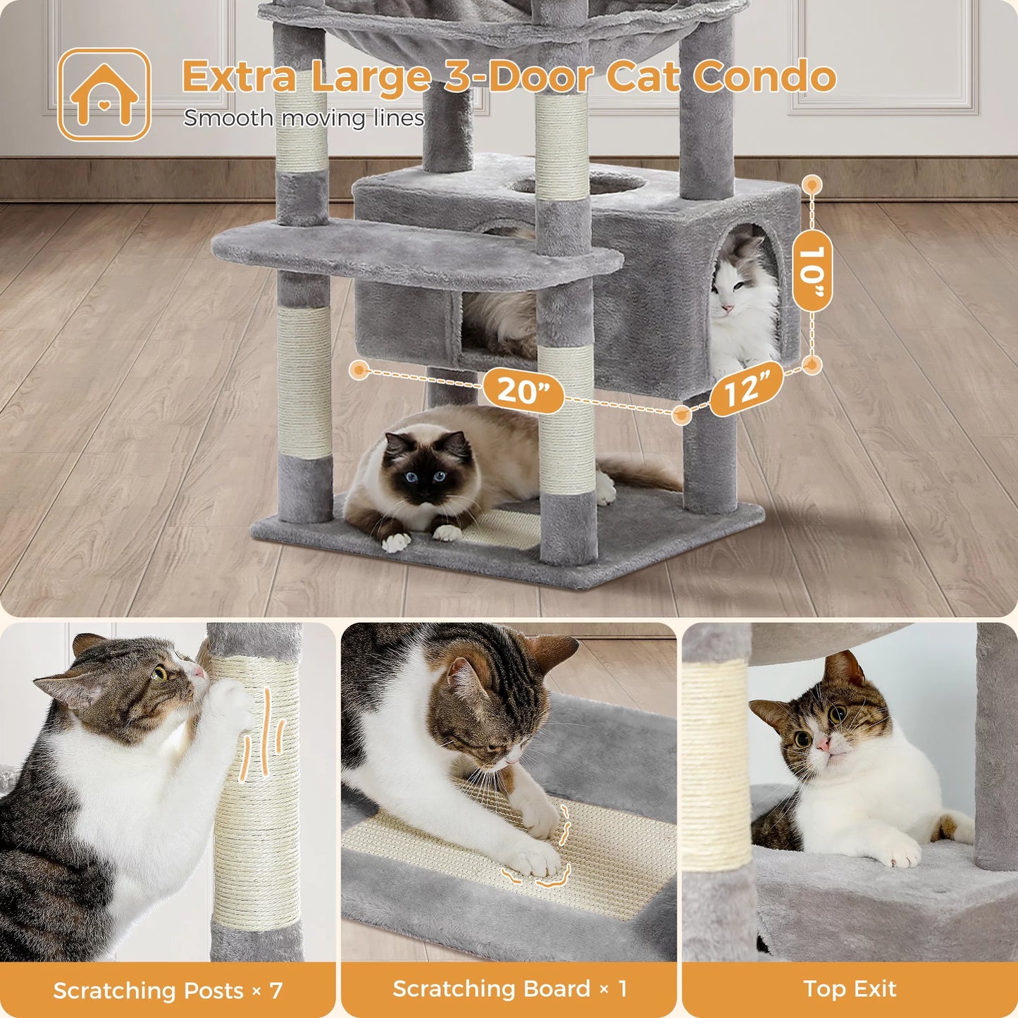 Petpie  73"Cat Tree for Large Cats Multi Level Play Tower Condo 7 Sisal Cat Scratching Posts Gray