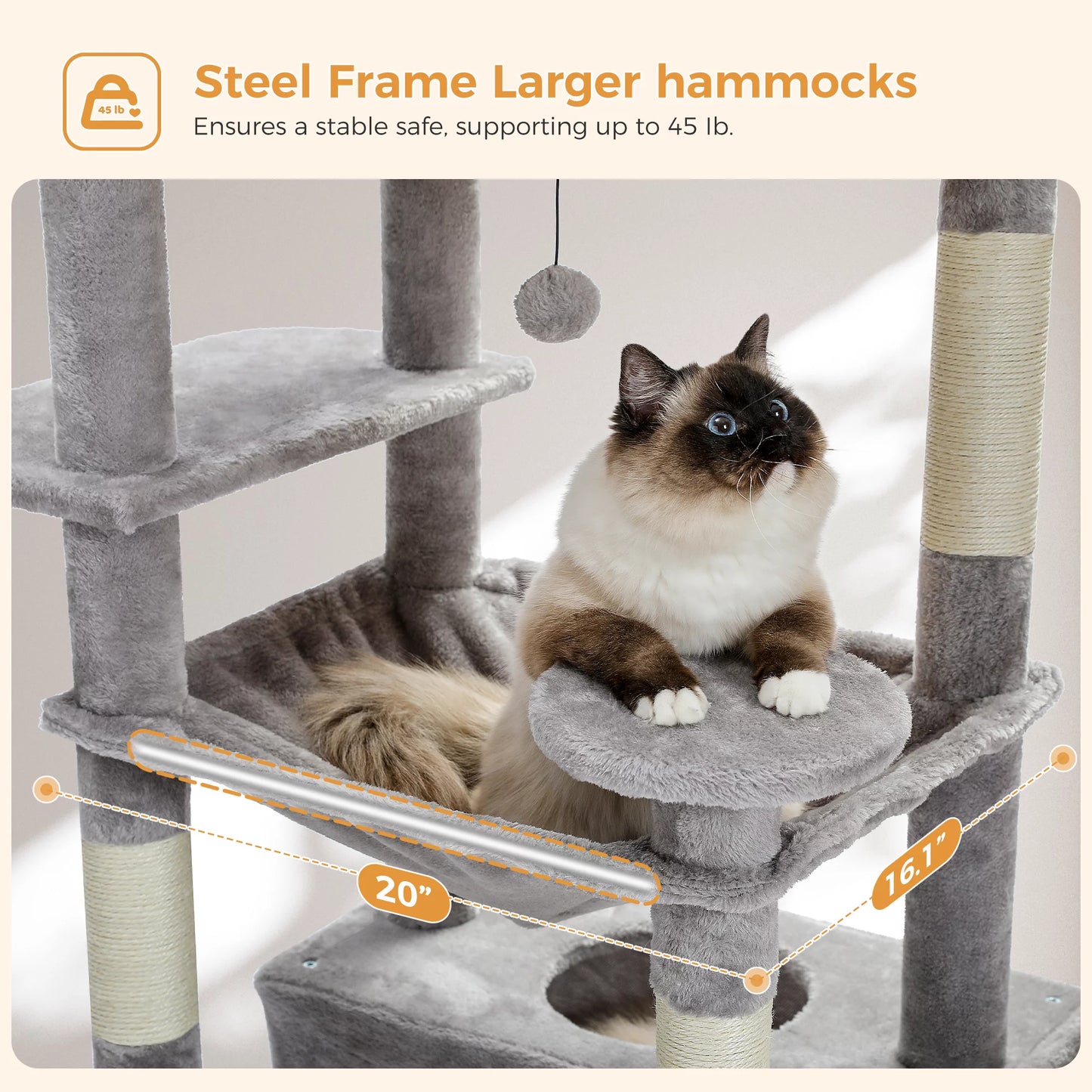 Petpie  73"Cat Tree for Large Cats Multi Level Play Tower Condo 7 Sisal Cat Scratching Posts Gray