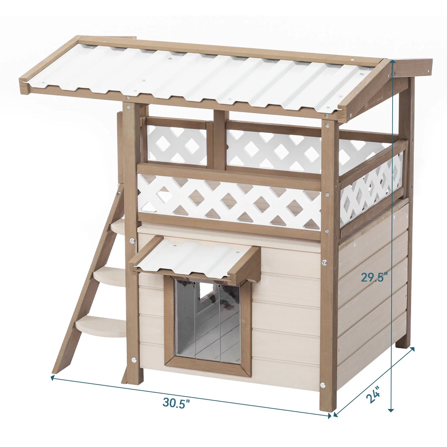 Petpie Wood Cat House, Outdoor Indoor 2 Story Design Kitty Shelter Pet Condo with Durable PVC Roof, Escape Door, Curtain and Stair, Perfect for Multi Cats
