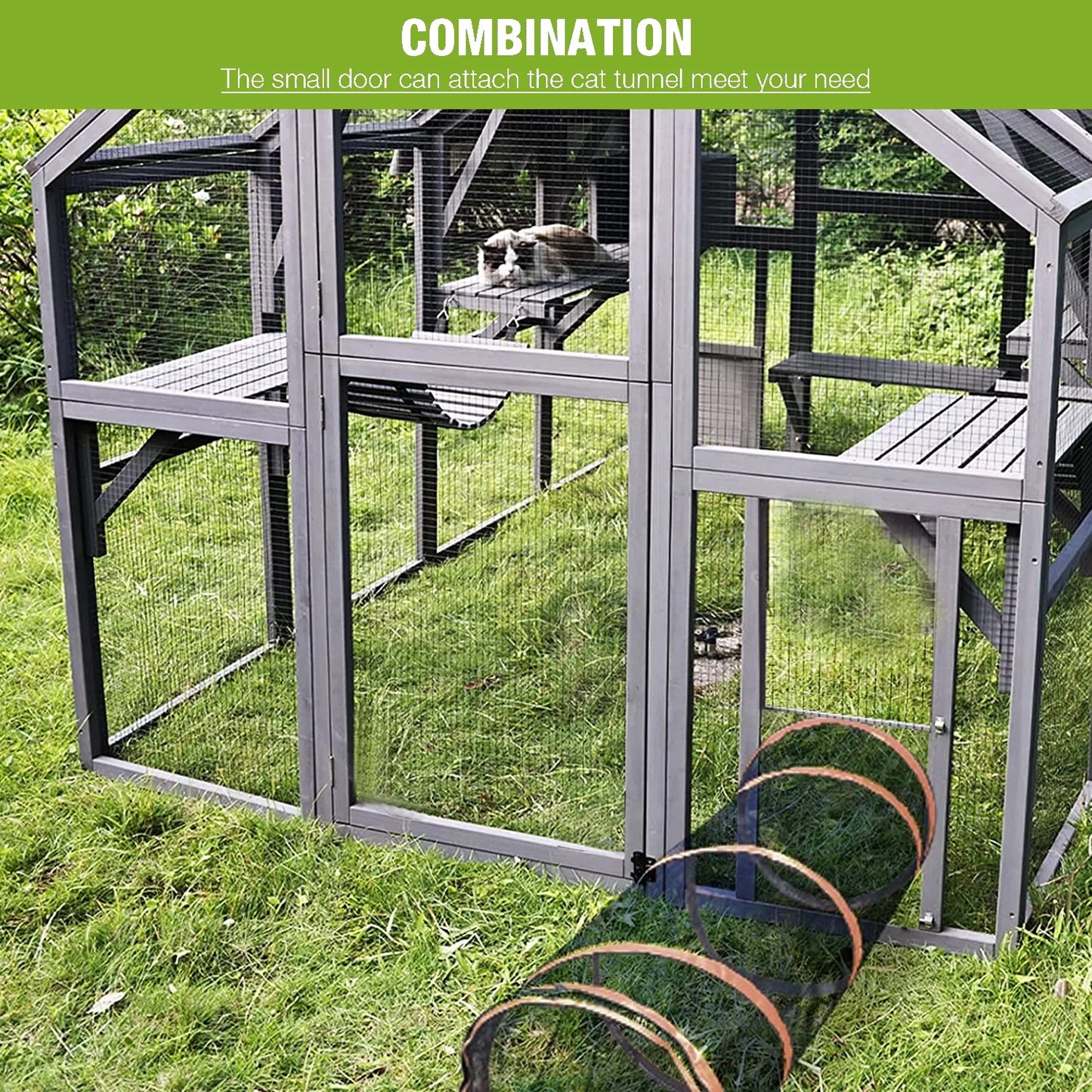 Petpie Grey Cat House Large 108.7'', Weatherproof UV Proof Walk-in Wooden Cat Enclosure Large for Multiple Cats, Upgrade Luxury Cat Condo Cage Playpen with Sunshine Board, Dark Grey